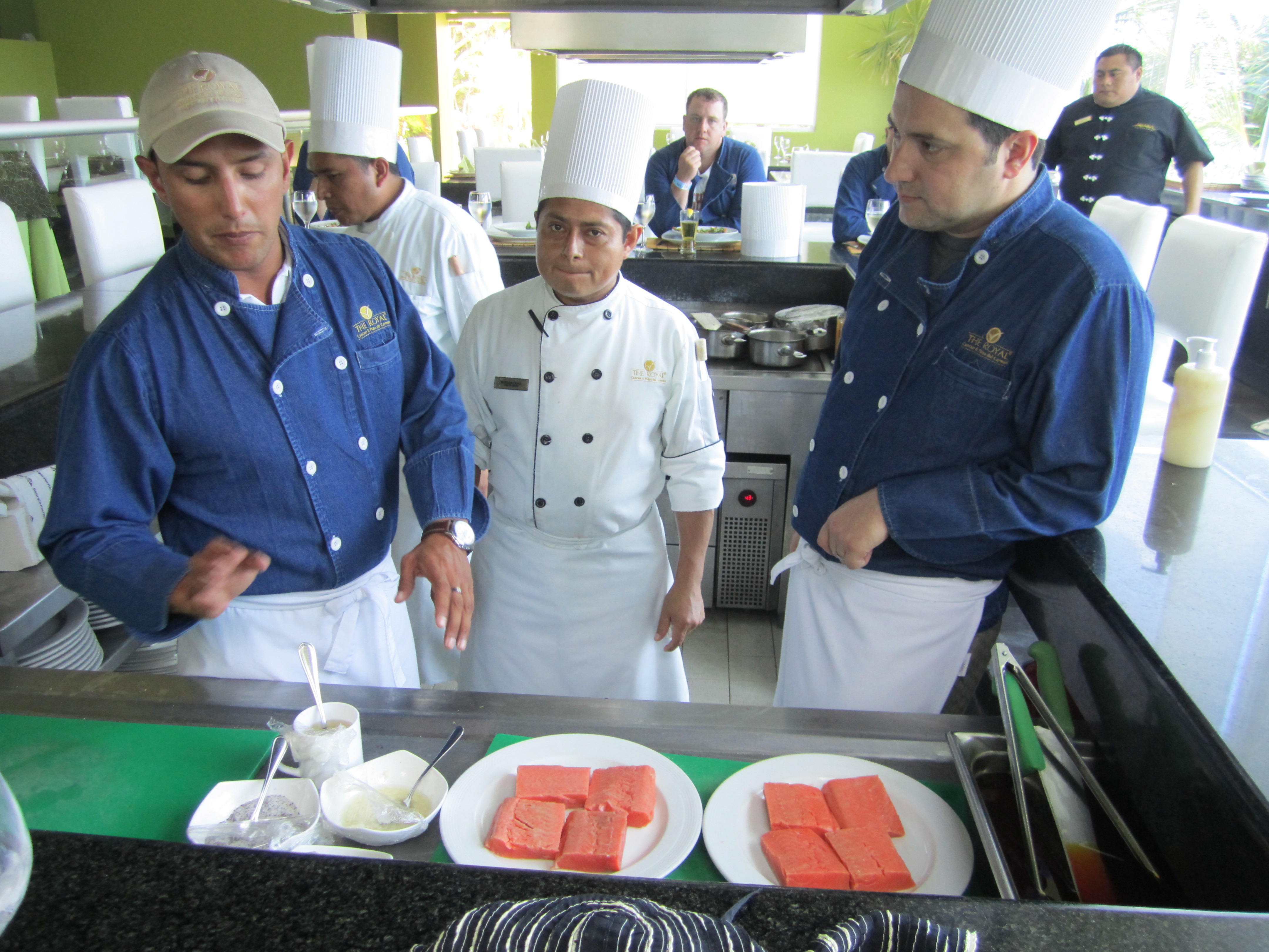 Learning to cook salmon at cooking class