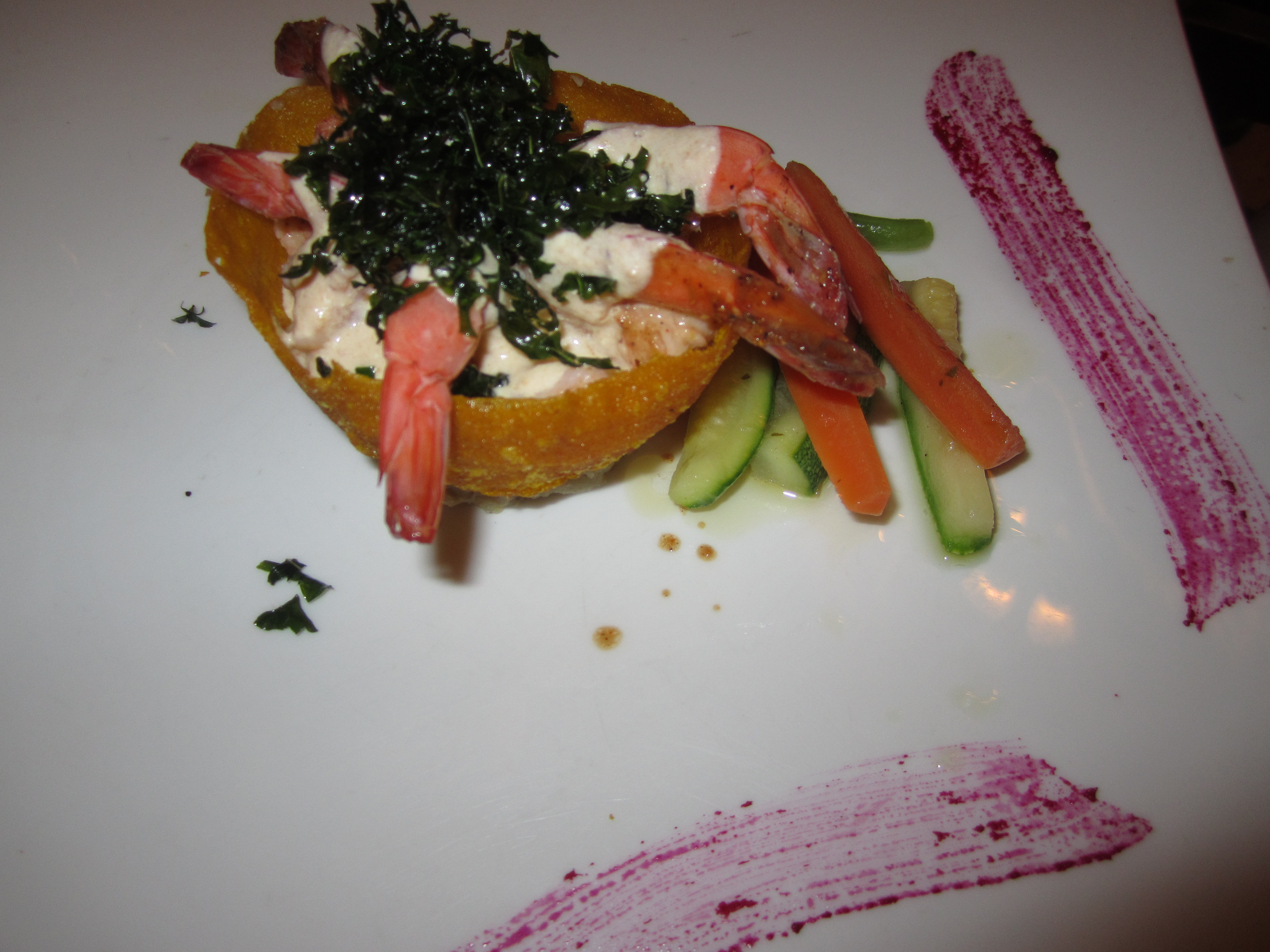 Coconut Shrimp with Lobster Butter-Cream Sauce. Topped with crispy fried spinach. This was Daniele's favorite dish, as the flavors of the lobster butter really enhanced the sweetness of the coconut shrimp. The shrimps were fried and just crispy on the tongue and a nice crispness.