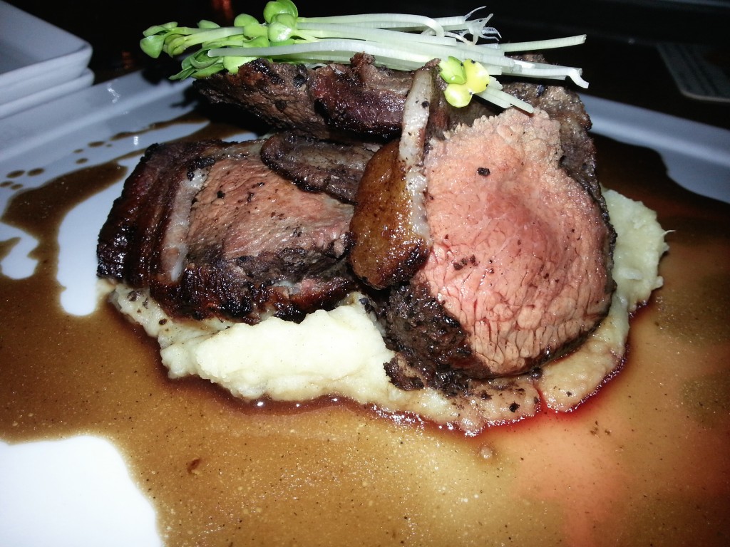 Chapter One Beef Cullate - A nice cut of meat rubbed in Coffee/Coco powder, wrapped in bacon and pan seared. Yummmmm