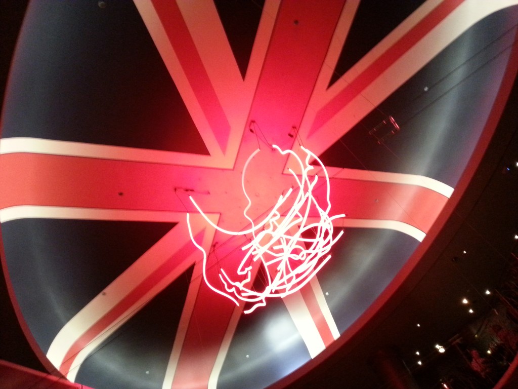 Ceiling of Gordon Ramzi Steak with Union Jack and Neon