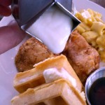 Founding Farmers food chicken and waffles pour