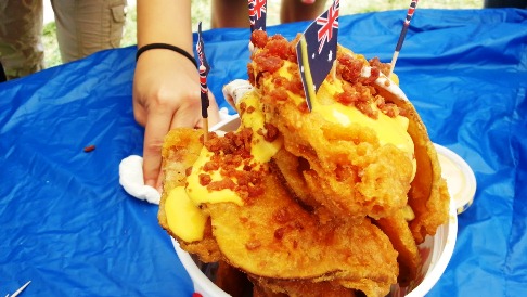 OC Fair Australian Battered Potatoes bucket with ranch and nacho cheese