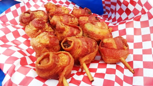 OC Fair Chicken Charlie Bacon wrapped deep fried pickles OC Fair Chicken Charlie Bacon Wrapped Deep Fried Pickles - Because Charlie couldn't leave a good thing alone