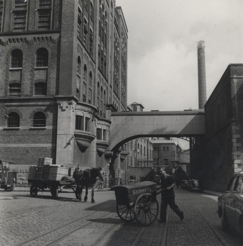 Bustling street scene in front of Market Street Storehouse at St. James's Gate Brewery c1955
