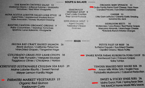 Branded Farms on Restaurant menus are a by-product of the traceability trend. This is the menu from The Ranch in Anaheim. 