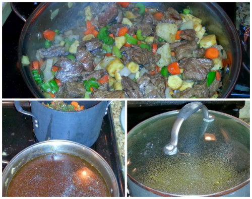 Guinness Stew Recipe: Steps 6-9 combine meats and Veggies, Add and reduce Guinness, Reduce Beef Stock, Simmer for 80 minutes. 
