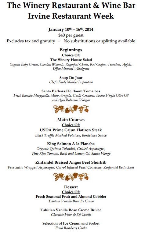 Irvine Restaurant Week The Winery Dinner Menu Irvine Restaurant Week The Winery Dinner Menu