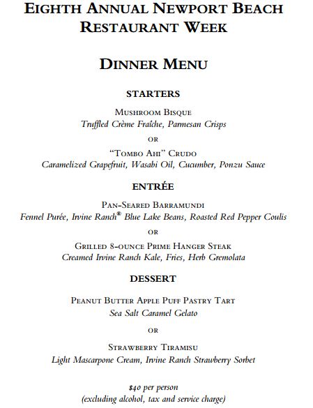 Newport Beach Restaurant Week menu for  Pelican Grill at Pelican Hill 