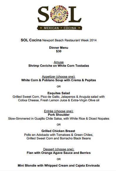 Newport Beach Restaurant Week menu for  Sol Cocina 