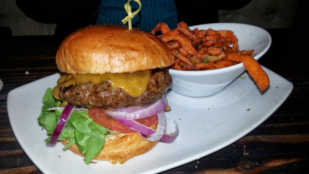 BLK Burgerz Cheddar stuffed burger with Sweet Potato Fries