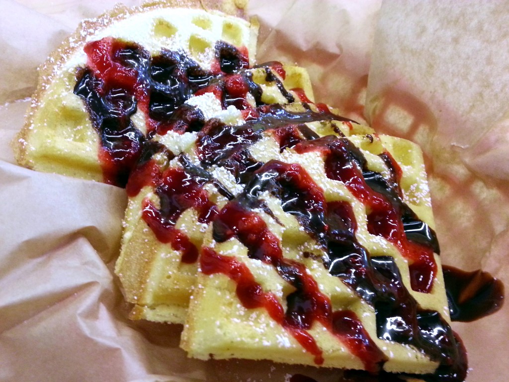 Gaufree Brussels Street Waffle with Chocolate sauce and Raspberry Coulis