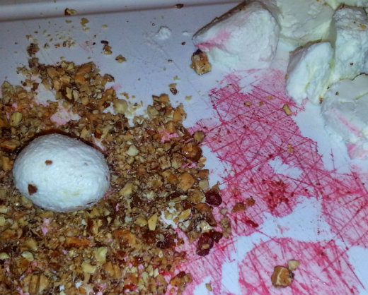 Recipe Crusted Goat Cheese with beets and tangerines- Roll the goat cheese ball in the crushed candied almonds