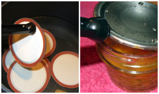 Making and Canning Tangerine Jam - Remove the lids from the hot water bath using the magnetic tool and apply glue side to jar Making and Canning Tangerine Jam - Remove the lids from the hot water bath using the magnetic tool and apply glue side to jar