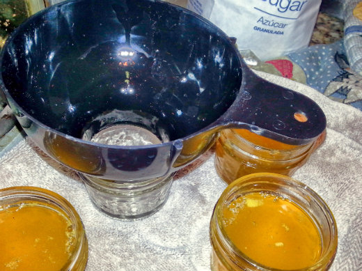 Making and Canning Tangerine Jam - Pour the cooked mixture into the heated jars using the canning funnel Making and Canning Tangerine Jam - Pour the cooked mixture into the heated jars using the canning funnel