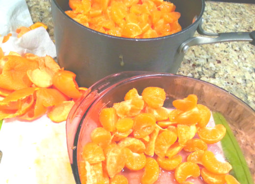 Cleanliness is next to godliness with canning - Sanitize the Ball jars in a boiling water bath Prep the Ojai Pixie tangerines by peeling, segmenting and chopping the fruit