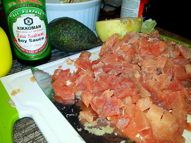 Ahi tuns diced in preparation for the poke recipe