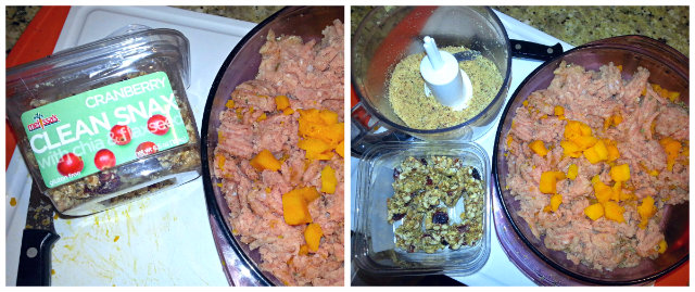 Grind binding ingredients and mix into ground turkey
