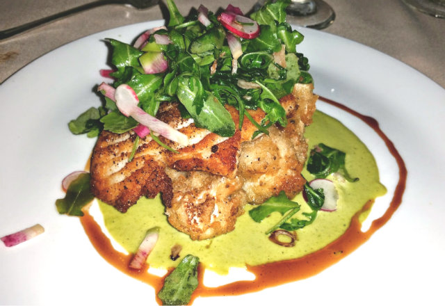 Grilled halibut atop tempura fried cauliflower