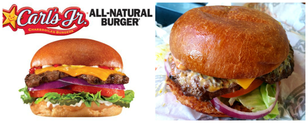 Carl's Jr All Natural Burger Ad versus real life Side by Side