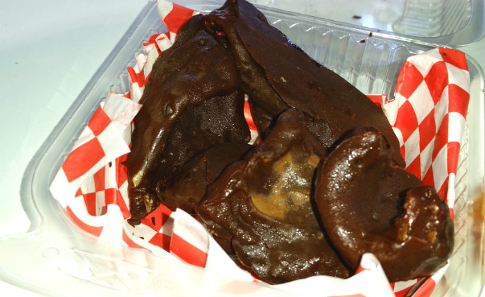 OC Fair Food 2015 Chocolate Covered Pork Rinds from bacon-a-fair OC Fair Food 2015 Chocolate Covered Pork Rinds from bacon-a-fair