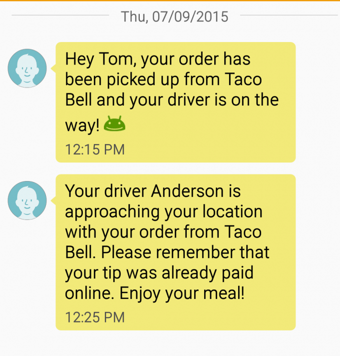 Taco Bell delivery by DoorDash, Text Message Status Taco Bell delivery by DoorDash, Text Message Status